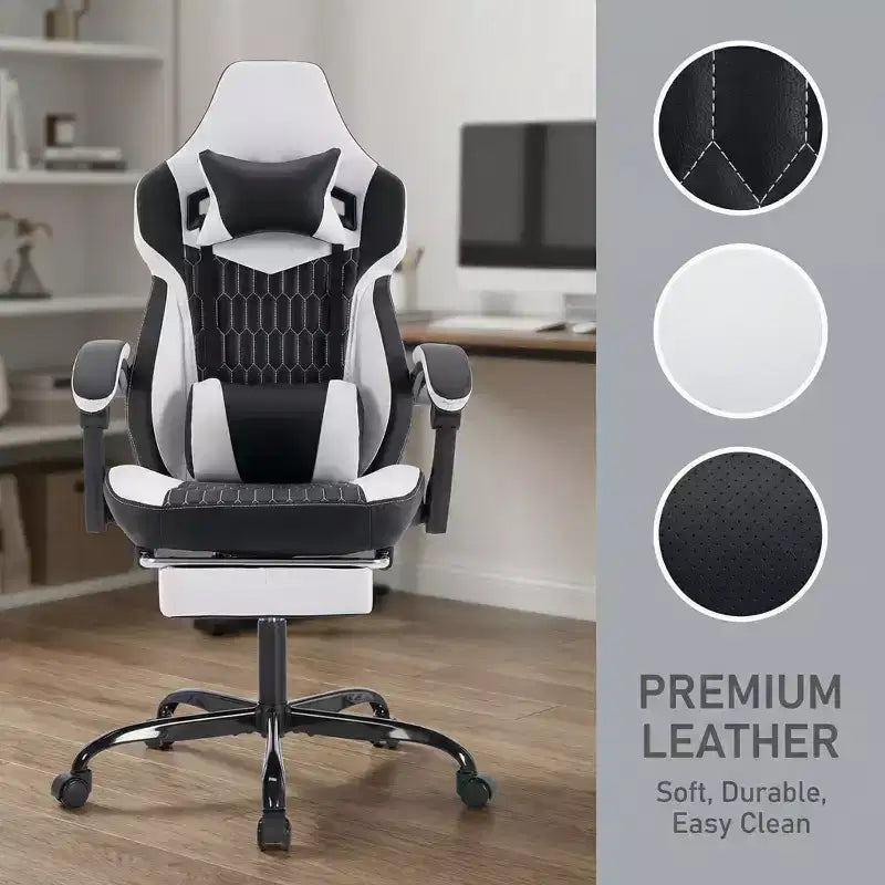 Silla Gaming LauKingdom con reposapiés, silla ergonómica de gamer con respaldo alto, reposacabezas y soporte lumbar ajustables, estilo Racing de cuero PU para oficina y hogar