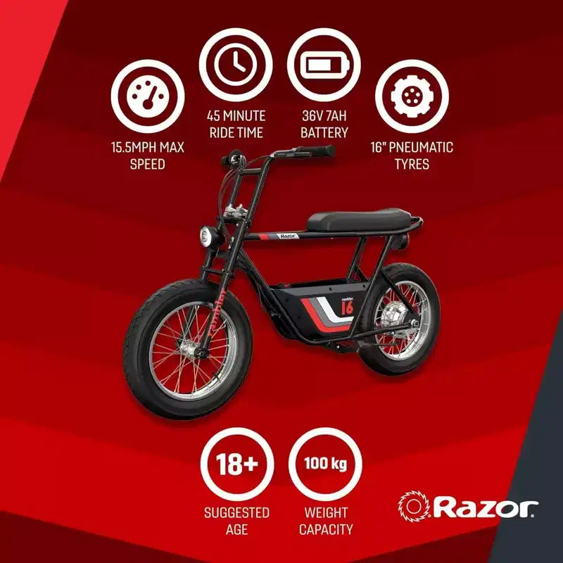 Razor Rambler 16 miniciclieta eléctrica retro con motor de 350 W y batería de 36 V, color negro
