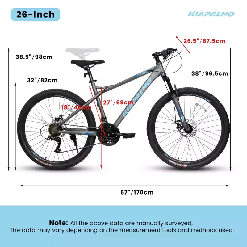Bicicleta de montaña NAYSAYE de 26 pulgadas y 21 velocidades para adultos con cuadro de acero de alto carbono y frenos de disco mecánicos dobles, 67*26.5*38