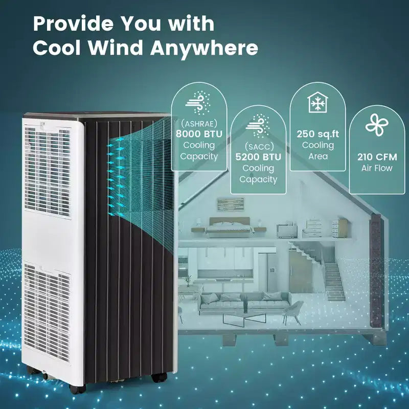 Acondicionador de aire portátil Costway 8000 BTU ASHRAE Unidad de aire acondicionado 3 en 1 con refrigeración, deshumidificador, ventilador y modo de suspensión