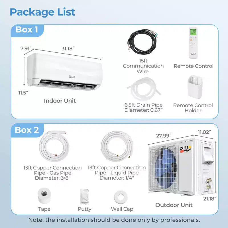Aire acondicionado y calefactor mini split Costway de 12000 BTU con bomba de calor, kit de instalación completo