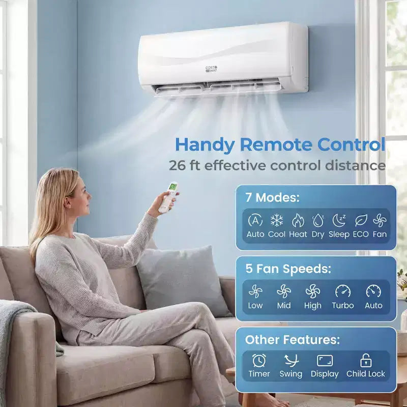 Aire acondicionado y calefactor mini split Costway de 12000 BTU con bomba de calor, kit de instalación completo