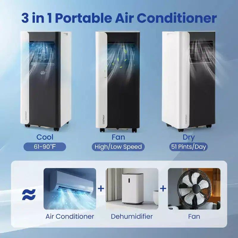 Aire Acondicionado Portátil Costway 3 en 1 con Modo Ventilador y Deshumidificador, Modo Noche, Temporizador de 24H
