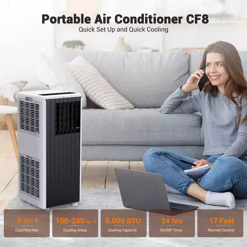 Acondicionador de aire portátil Garvee de 8000 BTU, 3 en 1, con refrigeración/deshumidificador/ventilador, control remoto, temporizador de 24 horas, enfría 32,5 m²