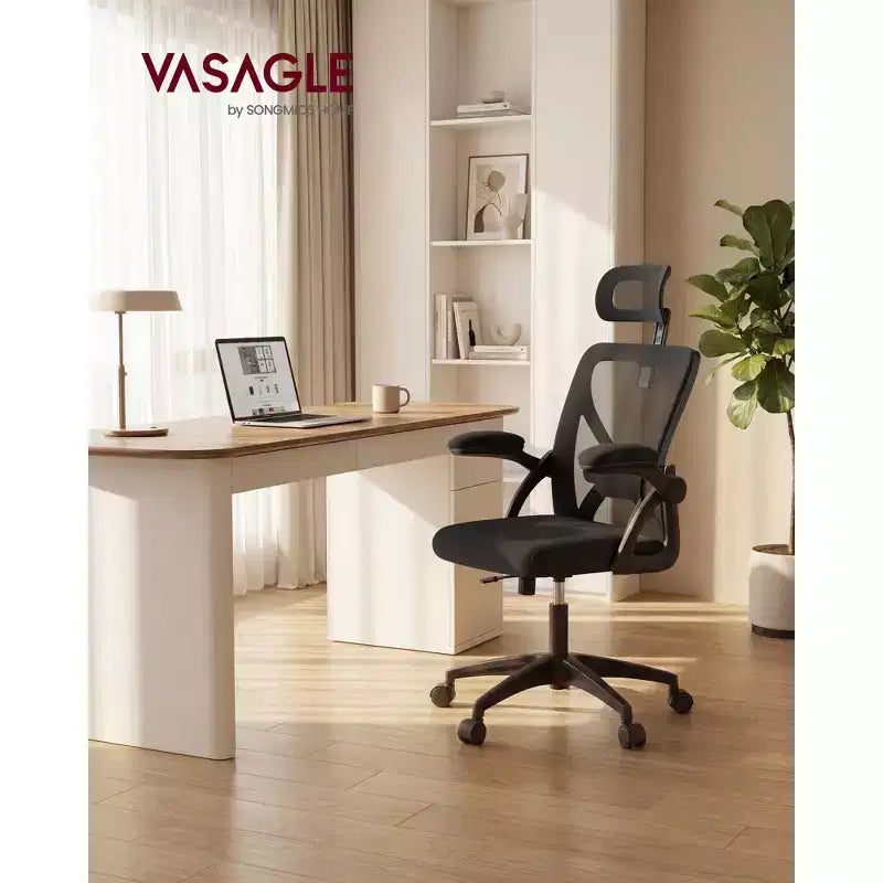 VASAGLE Silla ergonómica de oficina con malla, soporte lumbar ajustable y reposacabezas, función de inclinación de 90 a 105°, asiento ancho, reposabrazos abatibles