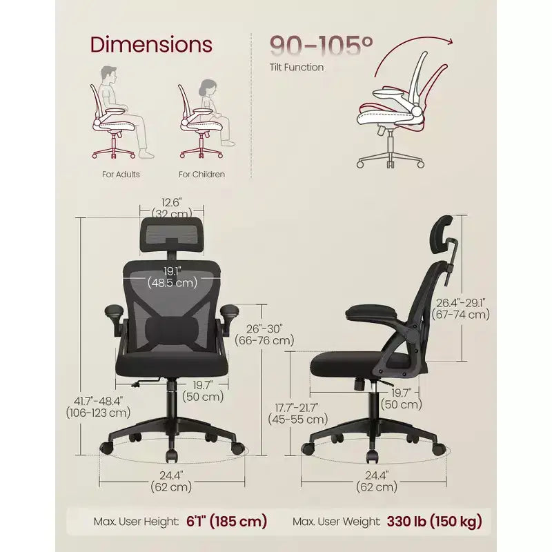 VASAGLE Silla ergonómica de oficina con malla, soporte lumbar ajustable y reposacabezas, función de inclinación de 90 a 105°, asiento ancho, reposabrazos abatibles