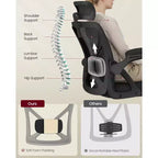 VASAGLE Silla ergonómica de oficina con malla, soporte lumbar ajustable y reposacabezas, función de inclinación de 90 a 105°, asiento ancho, reposabrazos abatibles