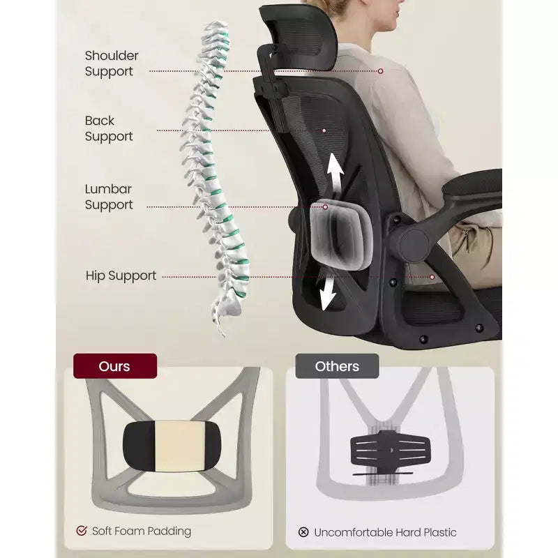 VASAGLE Silla ergonómica de oficina con malla, soporte lumbar ajustable y reposacabezas, función de inclinación de 90 a 105°, asiento ancho, reposabrazos abatibles