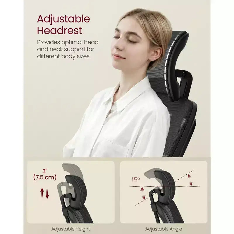 VASAGLE Silla ergonómica de oficina con malla, soporte lumbar ajustable y reposacabezas, función de inclinación de 90 a 105°, asiento ancho, reposabrazos abatibles