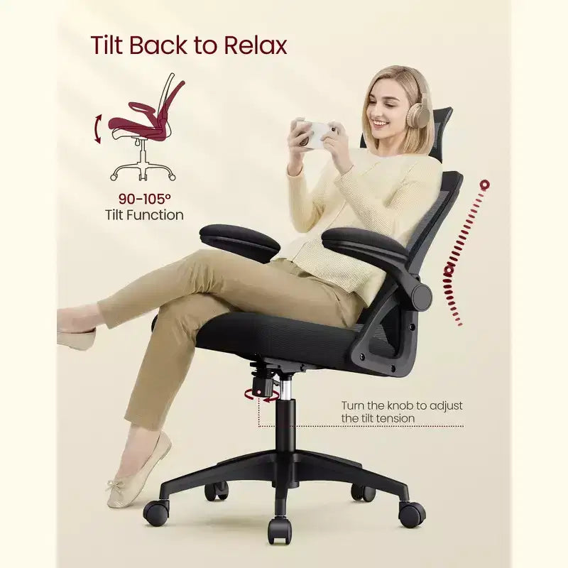 VASAGLE Silla ergonómica de oficina con malla, soporte lumbar ajustable y reposacabezas, función de inclinación de 90 a 105°, asiento ancho, reposabrazos abatibles