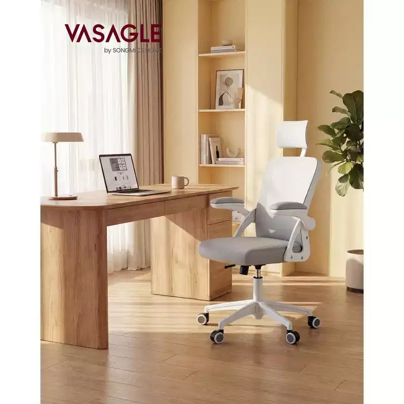 VASAGLE Silla ergonómica de oficina con malla, soporte lumbar ajustable y reposacabezas, función de inclinación de 90 a 105°, asiento ancho, reposabrazos abatibles