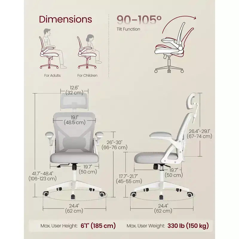 VASAGLE Silla ergonómica de oficina con malla, soporte lumbar ajustable y reposacabezas, función de inclinación de 90 a 105°, asiento ancho, reposabrazos abatibles