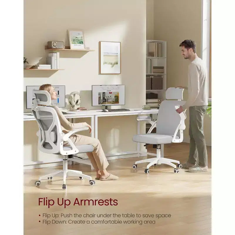 VASAGLE Silla ergonómica de oficina con malla, soporte lumbar ajustable y reposacabezas, función de inclinación de 90 a 105°, asiento ancho, reposabrazos abatibles