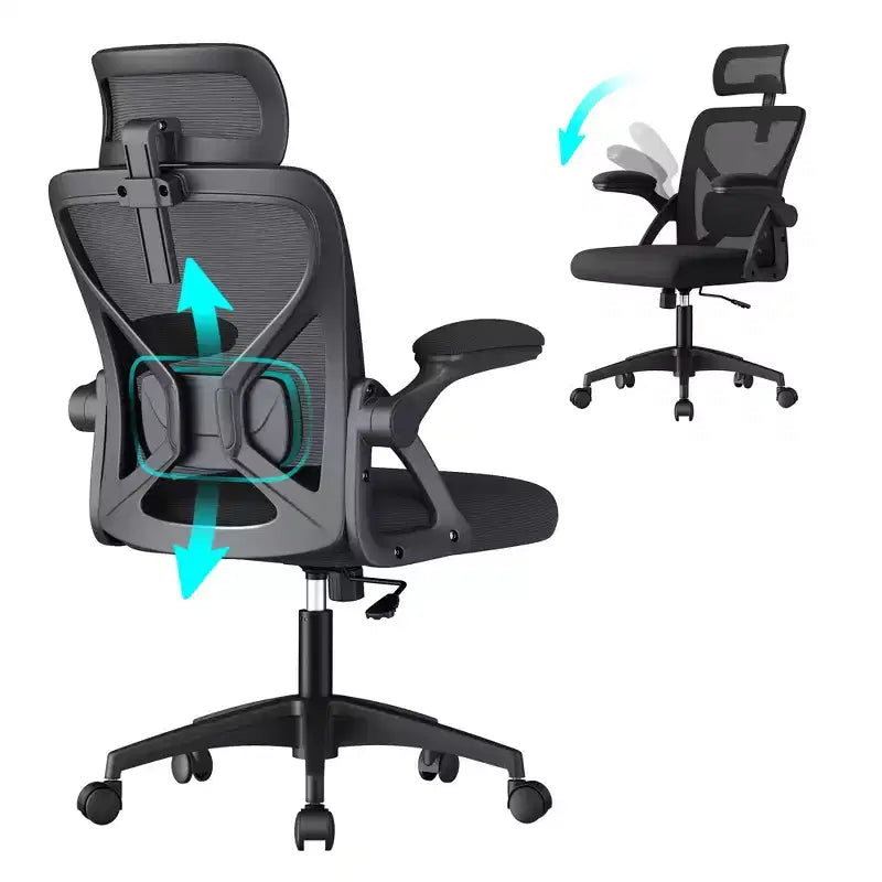 VASAGLE Silla ergonómica de oficina con malla, soporte lumbar ajustable y reposacabezas, función de inclinación de 90 a 105°, asiento ancho, reposabrazos abatibles