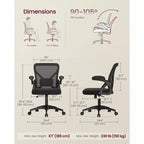 Silla de oficina ergonómica de malla VASAGLE con soporte lumbar ajustable, función de inclinación de 90-105°, asiento ancho, reposabrazos abatibles