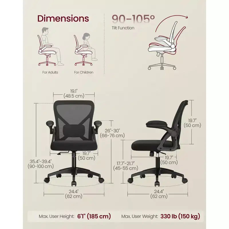 Silla de oficina ergonómica de malla VASAGLE con soporte lumbar ajustable, función de inclinación de 90-105°, asiento ancho, reposabrazos abatibles