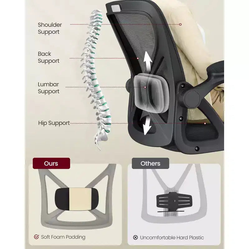 Silla de oficina ergonómica de malla VASAGLE con soporte lumbar ajustable, función de inclinación de 90-105°, asiento ancho, reposabrazos abatibles