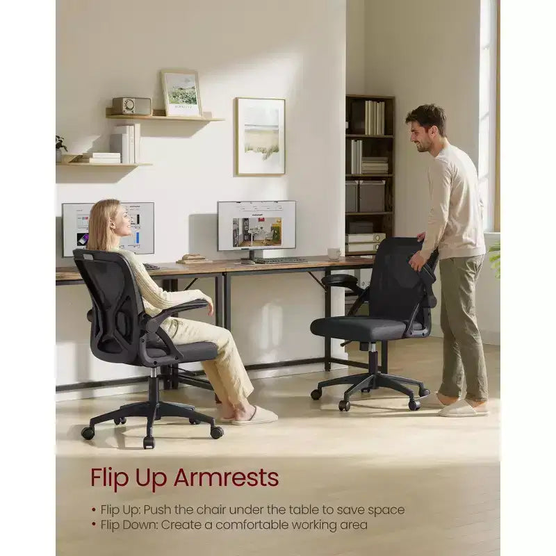 Silla de oficina ergonómica de malla VASAGLE con soporte lumbar ajustable, función de inclinación de 90-105°, asiento ancho, reposabrazos abatibles