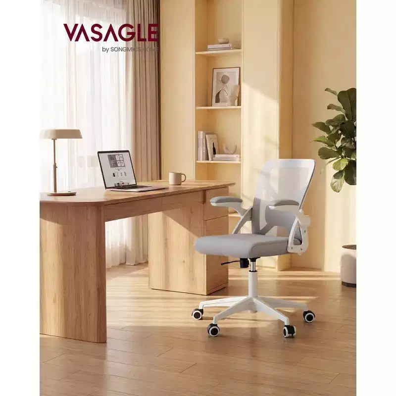 Silla de oficina ergonómica de malla VASAGLE con soporte lumbar ajustable, función de inclinación de 90-105°, asiento ancho, reposabrazos abatibles