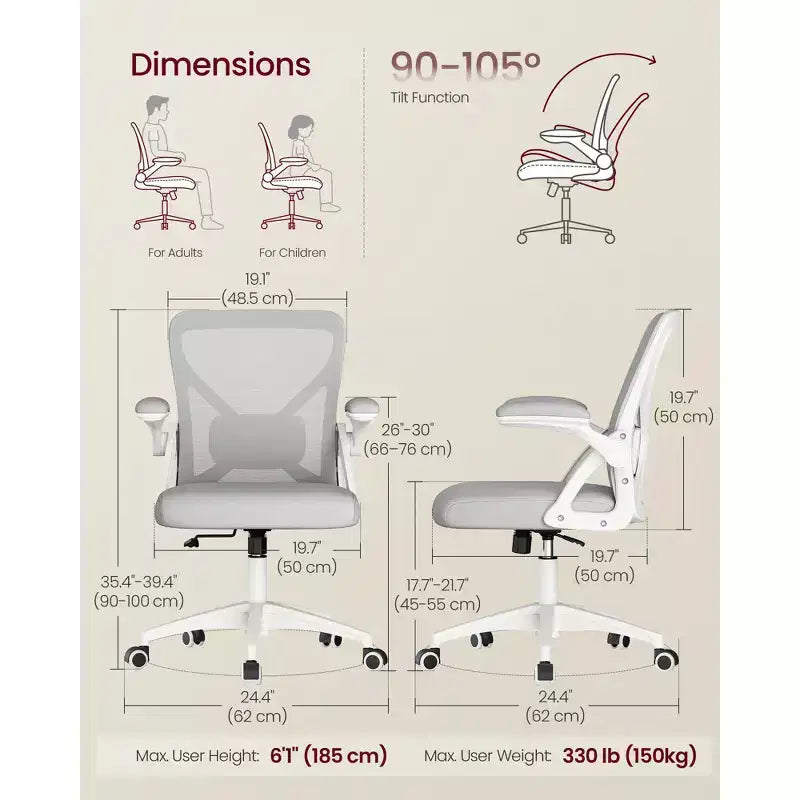 Silla de oficina ergonómica de malla VASAGLE con soporte lumbar ajustable, función de inclinación de 90-105°, asiento ancho, reposabrazos abatibles