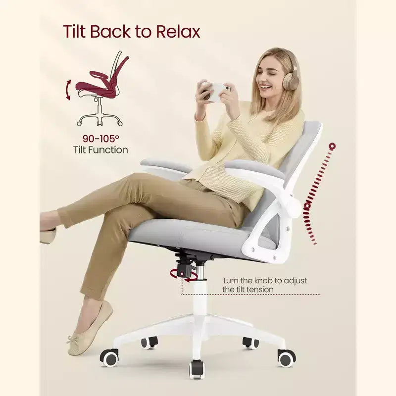 Silla de oficina ergonómica de malla VASAGLE con soporte lumbar ajustable, función de inclinación de 90-105°, asiento ancho, reposabrazos abatibles