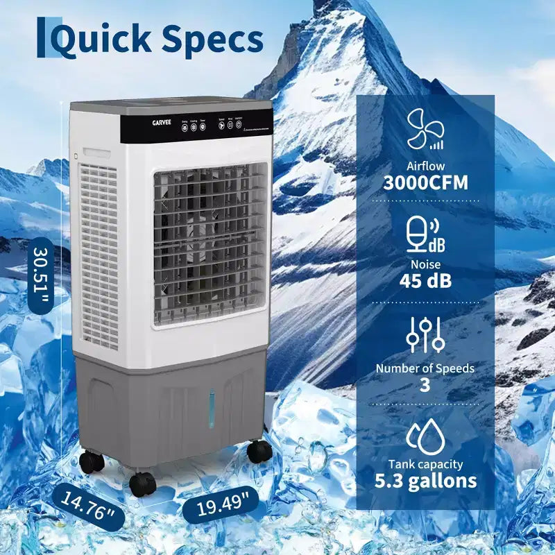 Enfriador de aire evaporativo con tanque de agua de 5.3 galones, 4 paquetes de hielo, 3 velocidades, oscilación de 120°, control remoto y temporizador, 80W portátil de pie