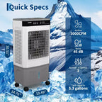 Enfriador de aire evaporativo con tanque de agua de 5.3 galones, 4 paquetes de hielo, 3 velocidades, oscilación de 120°, control remoto y temporizador, 80W portátil de pie