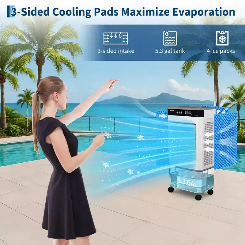 Enfriador de aire evaporativo con tanque de agua de 5.3 galones, 4 paquetes de hielo, 3 velocidades, oscilación de 120°, control remoto y temporizador, 80W portátil de pie