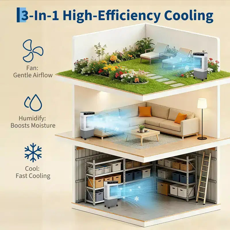 Enfriador de aire evaporativo con tanque de agua de 5.3 galones, 4 paquetes de hielo, 3 velocidades, oscilación de 120°, control remoto y temporizador, 80W portátil de pie