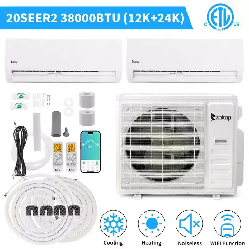 Acondicionador de aire mini split Karl Home de 2 zonas 38000 BTU 20 SEER2 con bomba de calor (12K+24K)