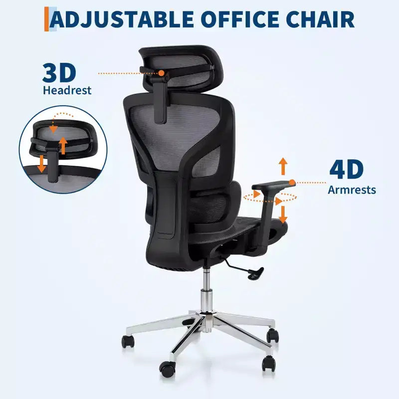 Silla de oficina ergonómica de malla con reposabrazos 4D Soporte lumbar dinámico Respaldo alto reclinable Asiento deslizante Reposacabezas Ruedas silenciosas para estudio en casa y juegos