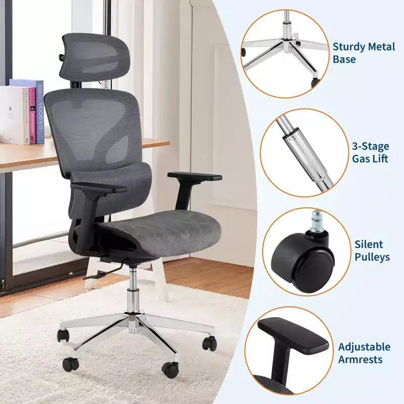 Silla de oficina ergonómica de malla con reposabrazos 4D Soporte lumbar dinámico Respaldo alto reclinable Asiento deslizante Reposacabezas Ruedas silenciosas para estudio en casa y juegos