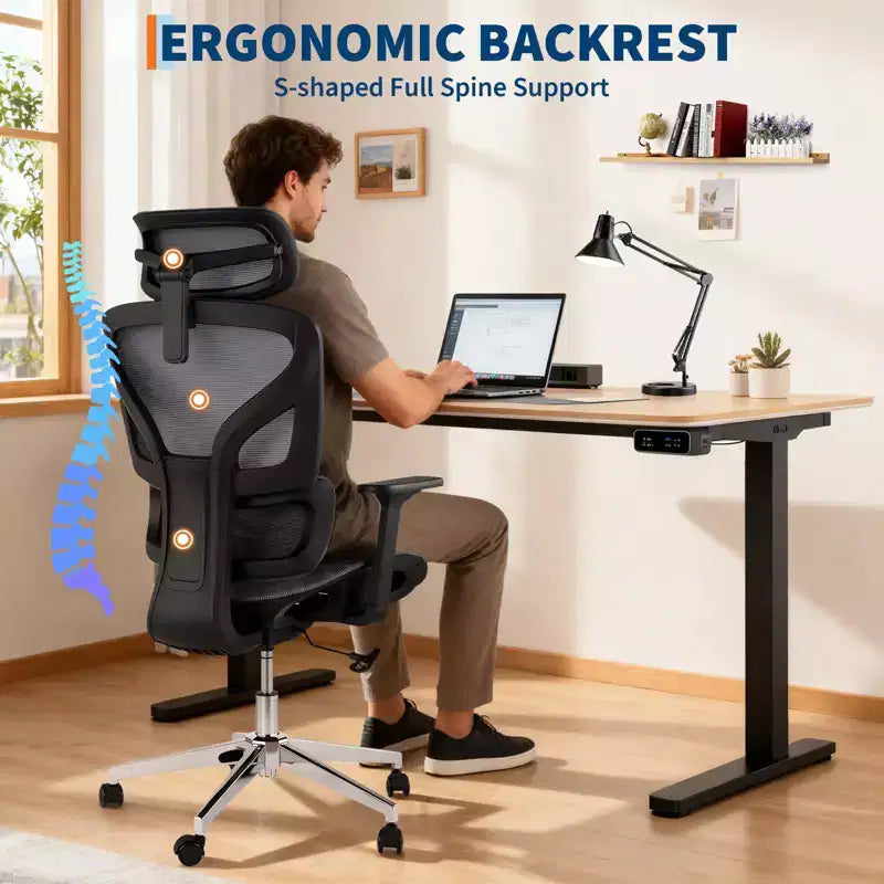 Silla de oficina ergonómica de malla con reposabrazos 4D Soporte lumbar dinámico Respaldo alto reclinable Asiento deslizante Reposacabezas Ruedas silenciosas para estudio en casa y juegos