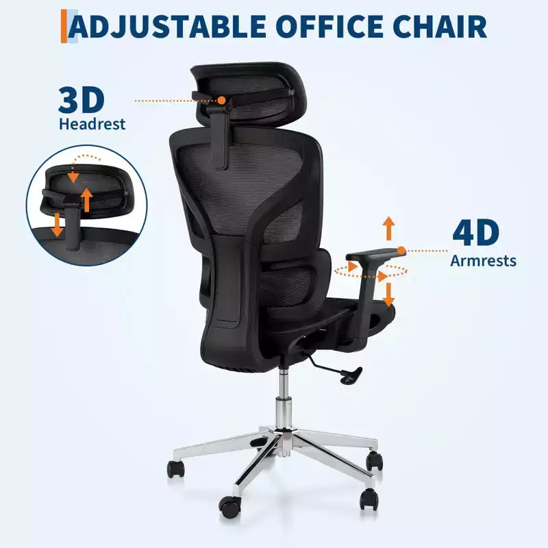 Silla de oficina ergonómica de malla con reposabrazos 4D Soporte lumbar dinámico Respaldo alto reclinable Asiento deslizante Reposacabezas Ruedas silenciosas para estudio en casa y juegos