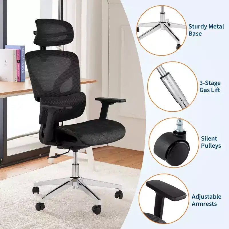 Silla de oficina ergonómica de malla con reposabrazos 4D Soporte lumbar dinámico Respaldo alto reclinable Asiento deslizante Reposacabezas Ruedas silenciosas para estudio en casa y juegos