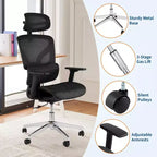 Silla de oficina ergonómica de malla con reposabrazos 4D Soporte lumbar dinámico Respaldo alto reclinable Asiento deslizante Reposacabezas Ruedas silenciosas para estudio en casa y juegos