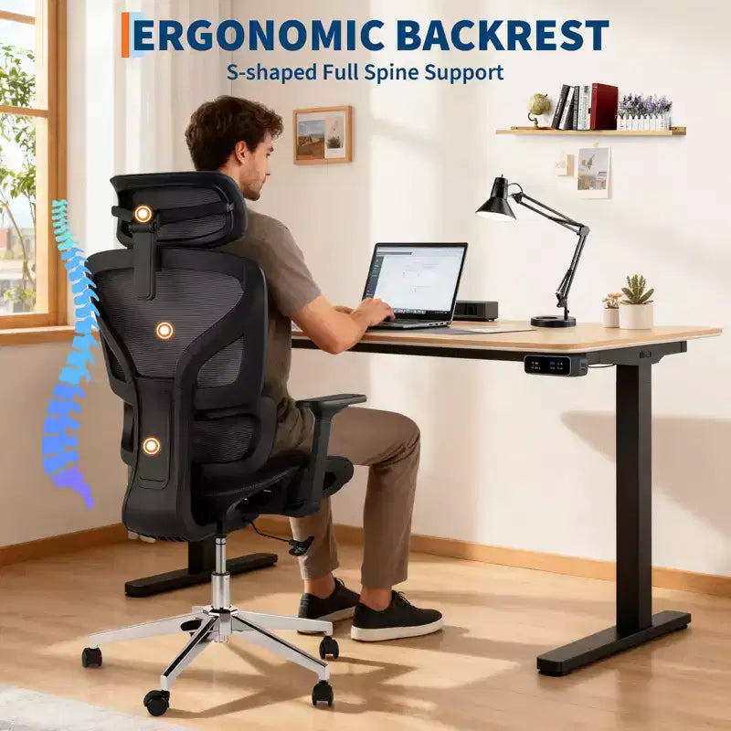 Silla de oficina ergonómica de malla con reposabrazos 4D Soporte lumbar dinámico Respaldo alto reclinable Asiento deslizante Reposacabezas Ruedas silenciosas para estudio en casa y juegos