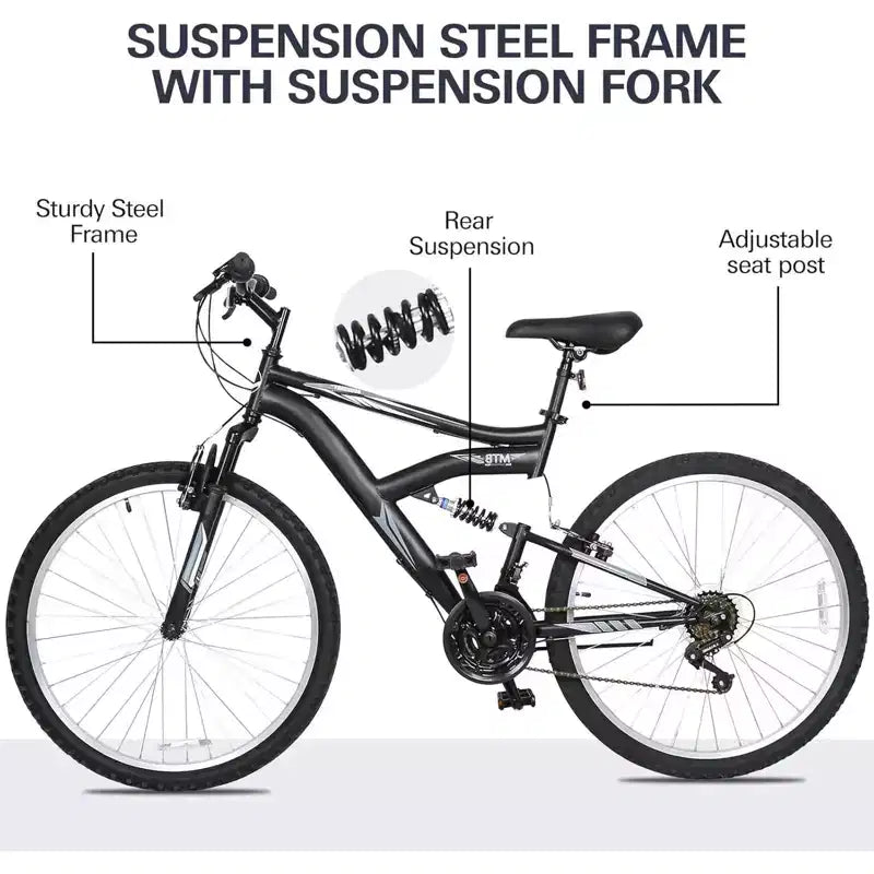 Bicicleta de montaña Hykolity de 26 pulgadas, bicicleta de ciclismo al aire libre de 18 velocidades, cuadro de acero de alto carbono, bicicleta MTB para hombres y mujeres, doble suspensión completa, negra