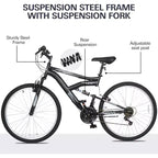 Bicicleta de montaña Hykolity de 26 pulgadas, bicicleta de ciclismo al aire libre de 18 velocidades, cuadro de acero de alto carbono, bicicleta MTB para hombres y mujeres, doble suspensión completa, negra