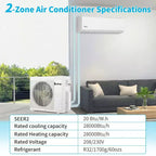Aire acondicionado mini-split Karl Home de 2 zonas, 28000 BTU, 20 SEER2 con bomba de calor (12K+12K)