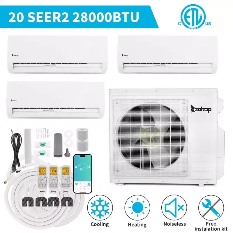 Aire Acondicionado Minisplit con Bomba de Calor de 3 Zonas, 28000 BTU, 20 SEER2, Karl Home (9K+9K+18K)