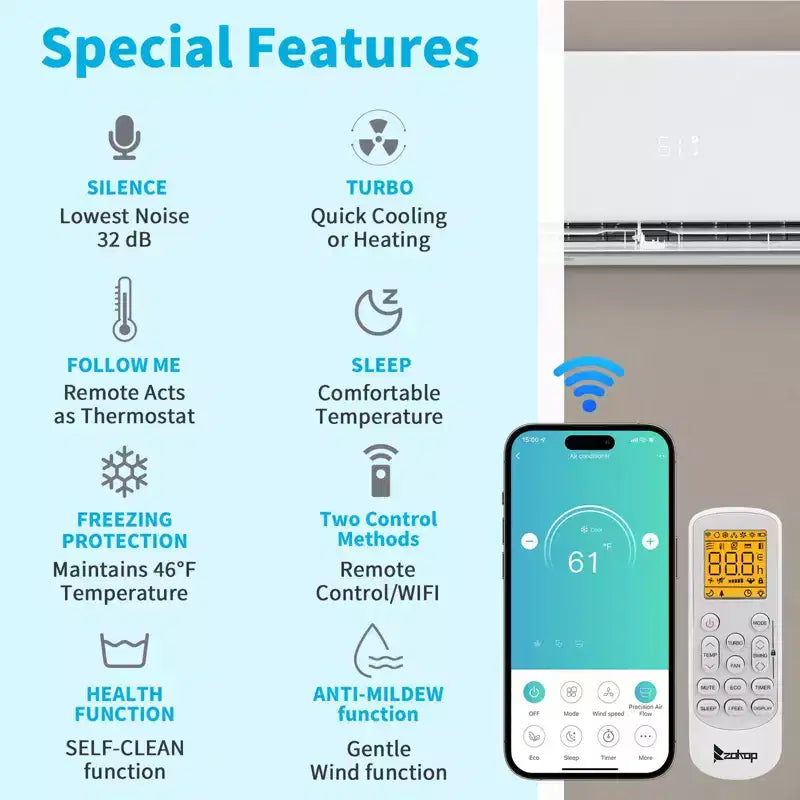 Aire Acondicionado Minisplit sin Ductos Karl Home 20 SEER2 de 18,000 BTU y 1.5 Toneladas con Bomba de Calor 208/230V
