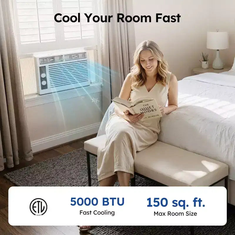 Aire acondicionado de ventana Simzlife de 5000 BTU, aire acondicionado 2 en 1 para 13.9 m², fácil instalación, bajo consumo y funcionamiento silencioso, blanco