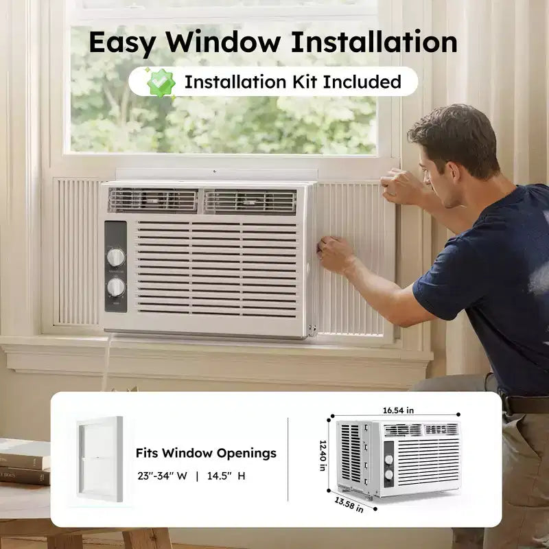Aire acondicionado de ventana Simzlife de 5000 BTU, aire acondicionado 2 en 1 para 13.9 m², fácil instalación, bajo consumo y funcionamiento silencioso, blanco