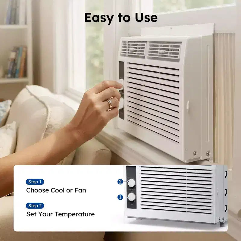 Aire acondicionado de ventana Simzlife de 5000 BTU, aire acondicionado 2 en 1 para 13.9 m², fácil instalación, bajo consumo y funcionamiento silencioso, blanco