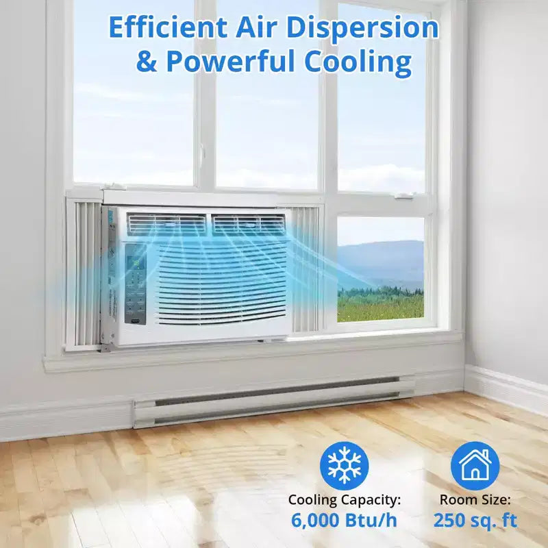 Aire acondicionado de ventana de 6000 BTU, enfría hasta 32,5 metros cuadrados, unidad de aire acondicionado de ventana con control remoto, 3 velocidades de ventilador, modo de reposo, reinicio automático, 115 V/60 Hz, blanco