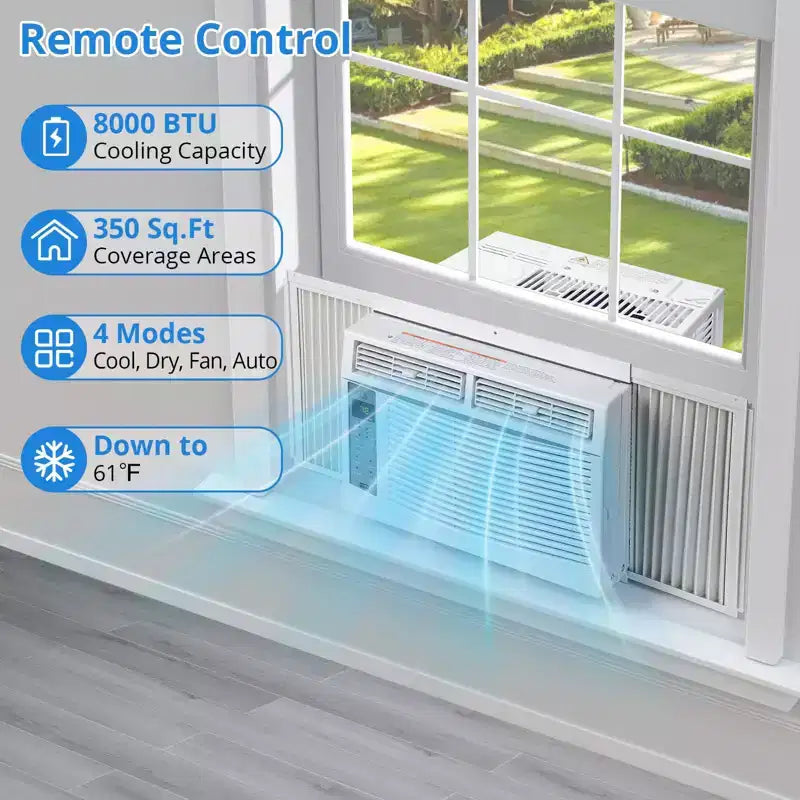 Aire acondicionado de ventana de 8,000 BTU, enfría hasta 32.5 m² con refrigeración, 3 velocidades de ventilador, unidad de aire acondicionado de ventana con control remoto, kit de fácil instalación