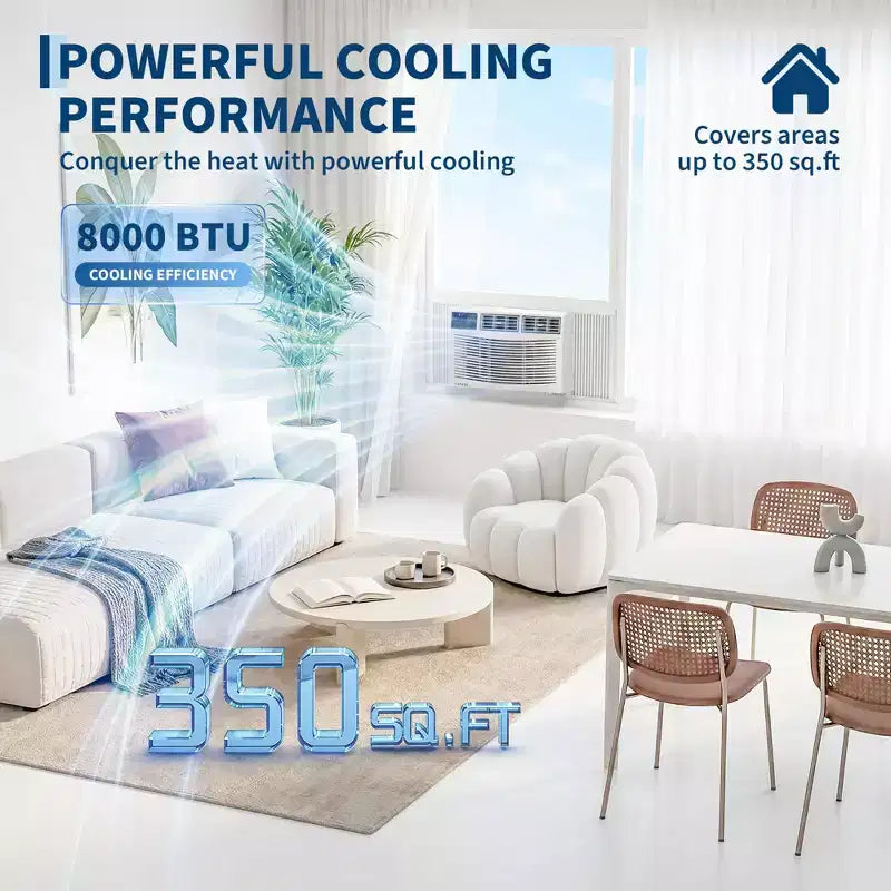Aire acondicionado de ventana de 8000 BTU con control remoto, enfría habitaciones de hasta 32.5 metros cuadrados, 3 velocidades de enfriamiento y ventilador, funcionamiento silencioso, pantalla digital