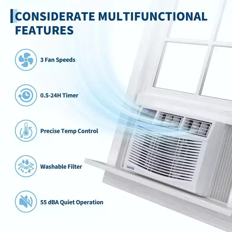 Aire acondicionado de ventana de 8000 BTU con control remoto, enfría habitaciones de hasta 32.5 metros cuadrados, 3 velocidades de enfriamiento y ventilador, funcionamiento silencioso, pantalla digital