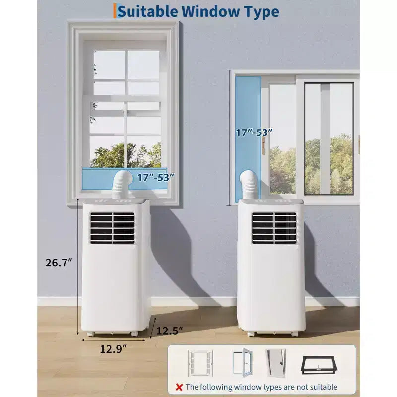 Acondicionador de aire portátil, 8000 BTU, enfriamiento silencioso con control remoto, diseño sin ventilación y autoevaporación, para habitaciones grandes, unidad de aire acondicionado de pie.